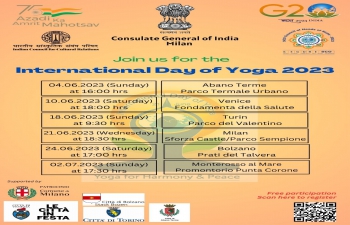 Join us for the International Day of Yoga 2023 celebrations in Northern Italy, with kind patronage of the Municipalities of Milan, Turin, Bolzano, Abano Terme and Venice. Free participation Registration details are in the flyer below: